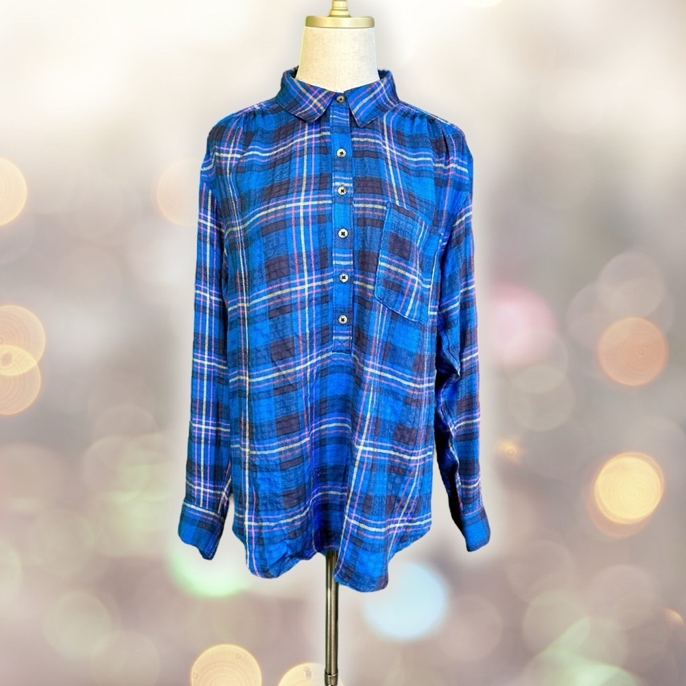 Anthropologie ‘Isadora’ Button-Back Flannel Tunic in Blue Plaid Size Medium - Picture 3 of 13